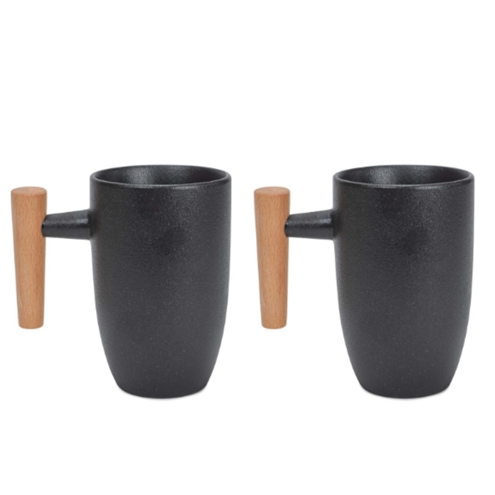 Slate Finish 11 ounce Stoneware Wood Handled Mugs Set of 2